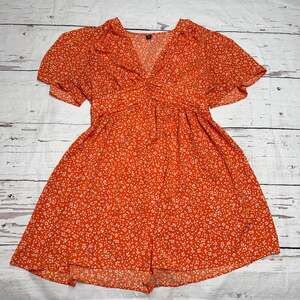 SHEIN Curve Orange Ditsy Floral Dress, V-Neck Flutter Sleeve Size 1XL